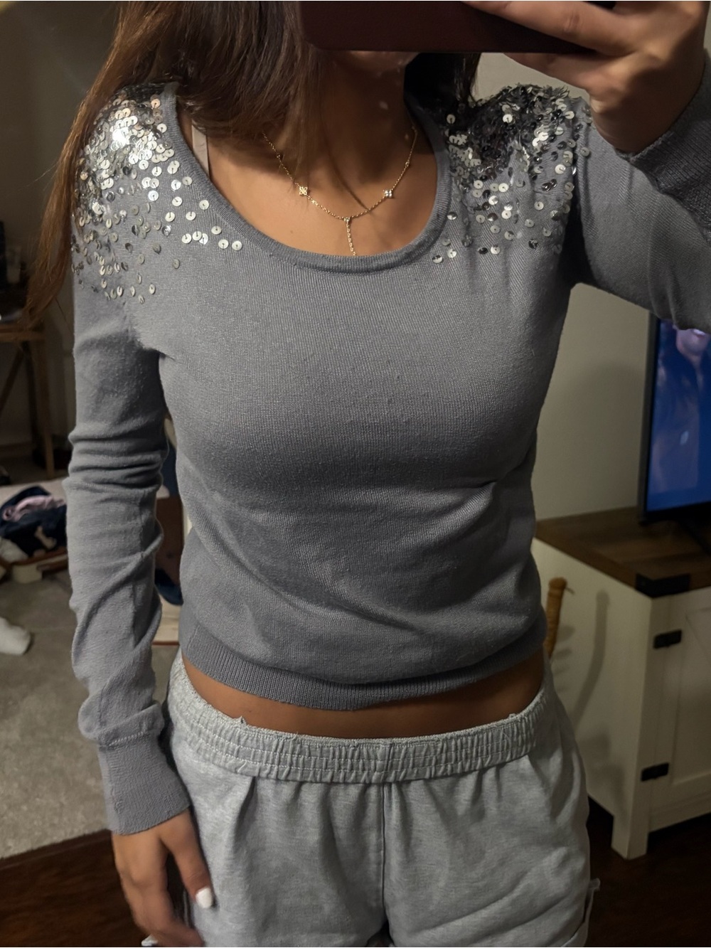 Vintage Y2K Gray Sequin Shoulder Sweater Top - Women Small - Picture 2 of 2